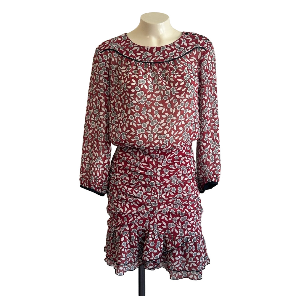 BA&SH Billie Bordeaux Lady Red Floral Chiffon Rouche Mini Party Dress Size 1UK